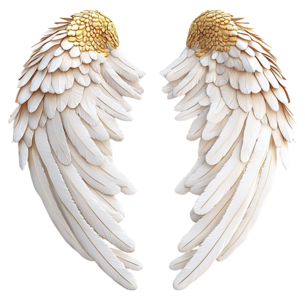 pair of white angel wings with golden feathers at the top png