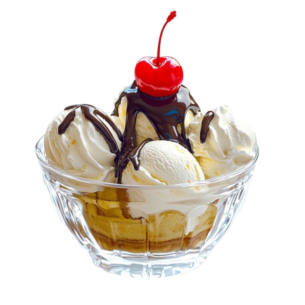 vanilla ice cream scoops drizzled with chocolate and topped with a cherry png