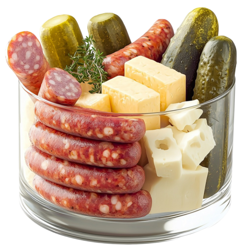 Glass bowl filled with sliced sausages cheese cubes and pickles png