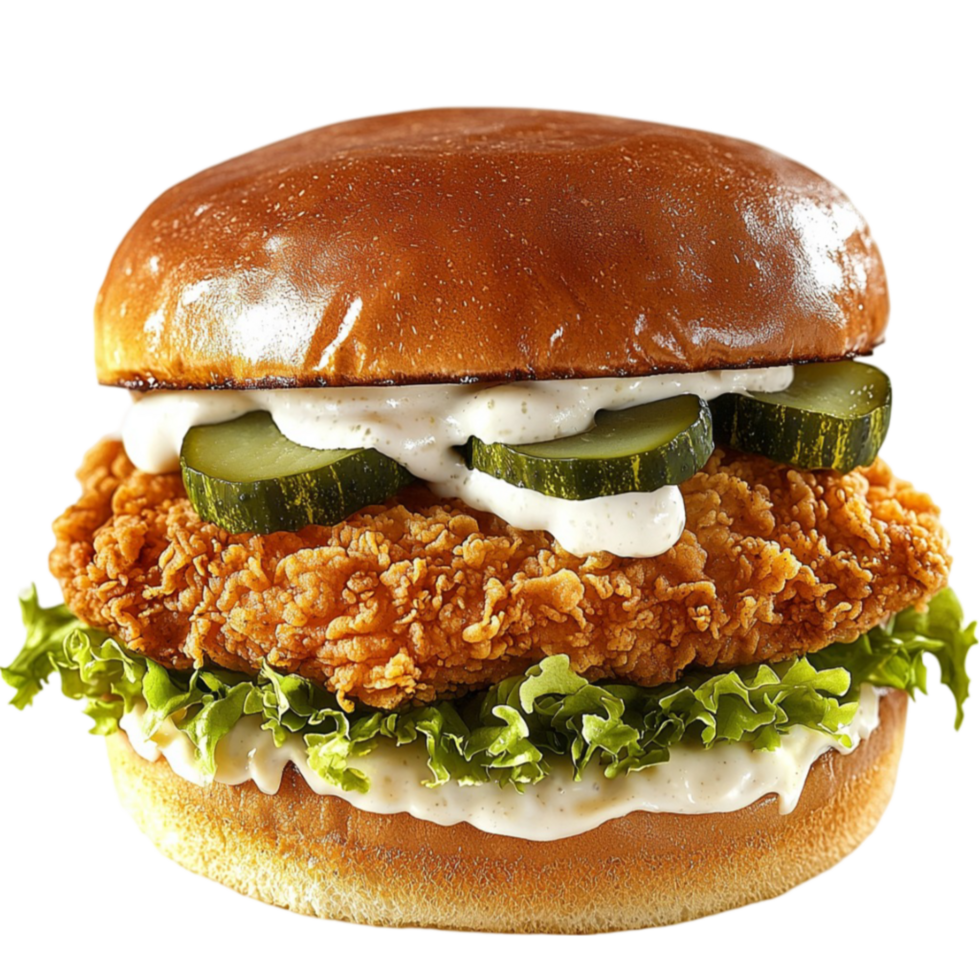 fried chicken sandwich with lettuce pickles and a bun png