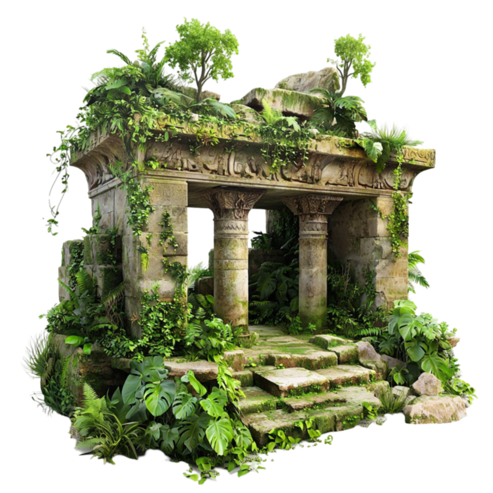 Ancient stone temple covered in lush green vines and surrounded by nature png