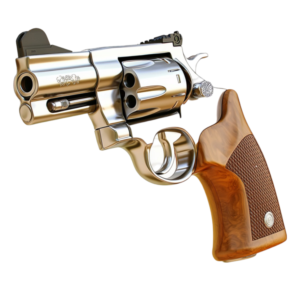 Shiny silver revolver with a wooden grip and a detailed metal frame png