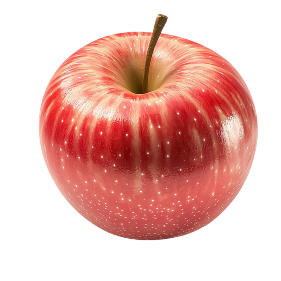 Shiny red apple with a surface and a single brown stem png