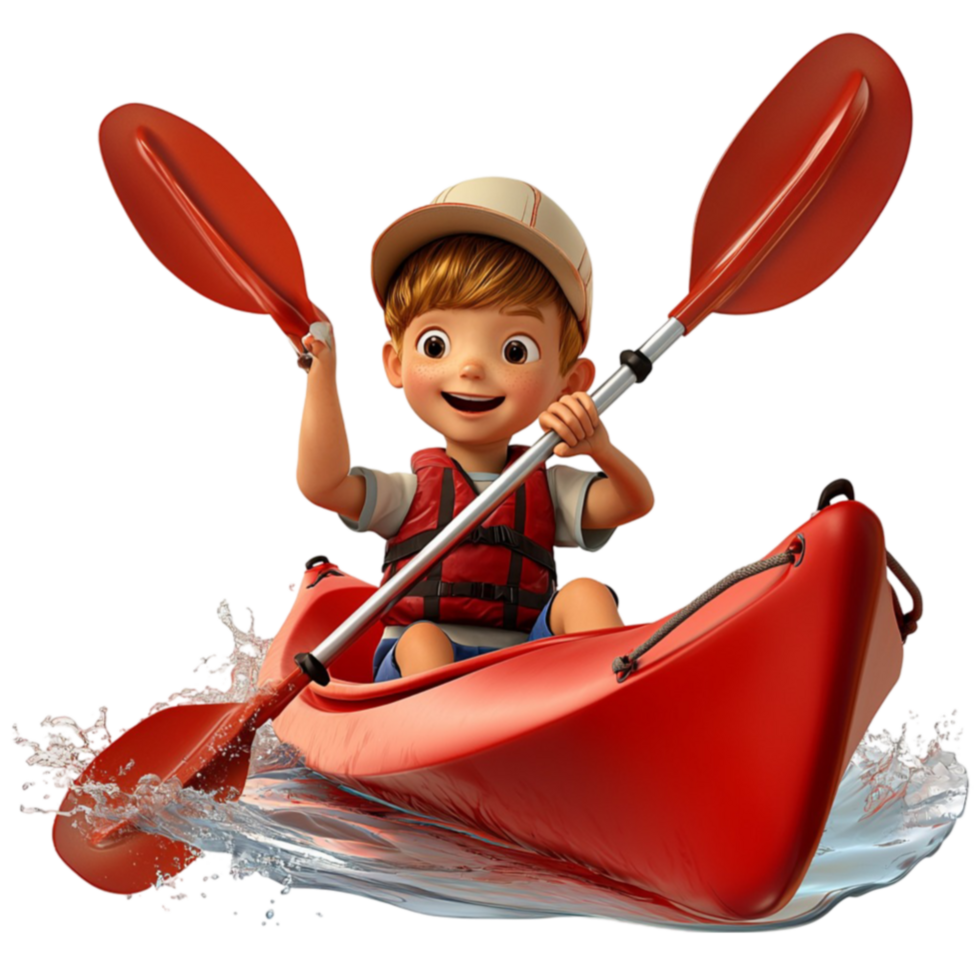 Happy child paddling in a red kayak with excitement and energy png