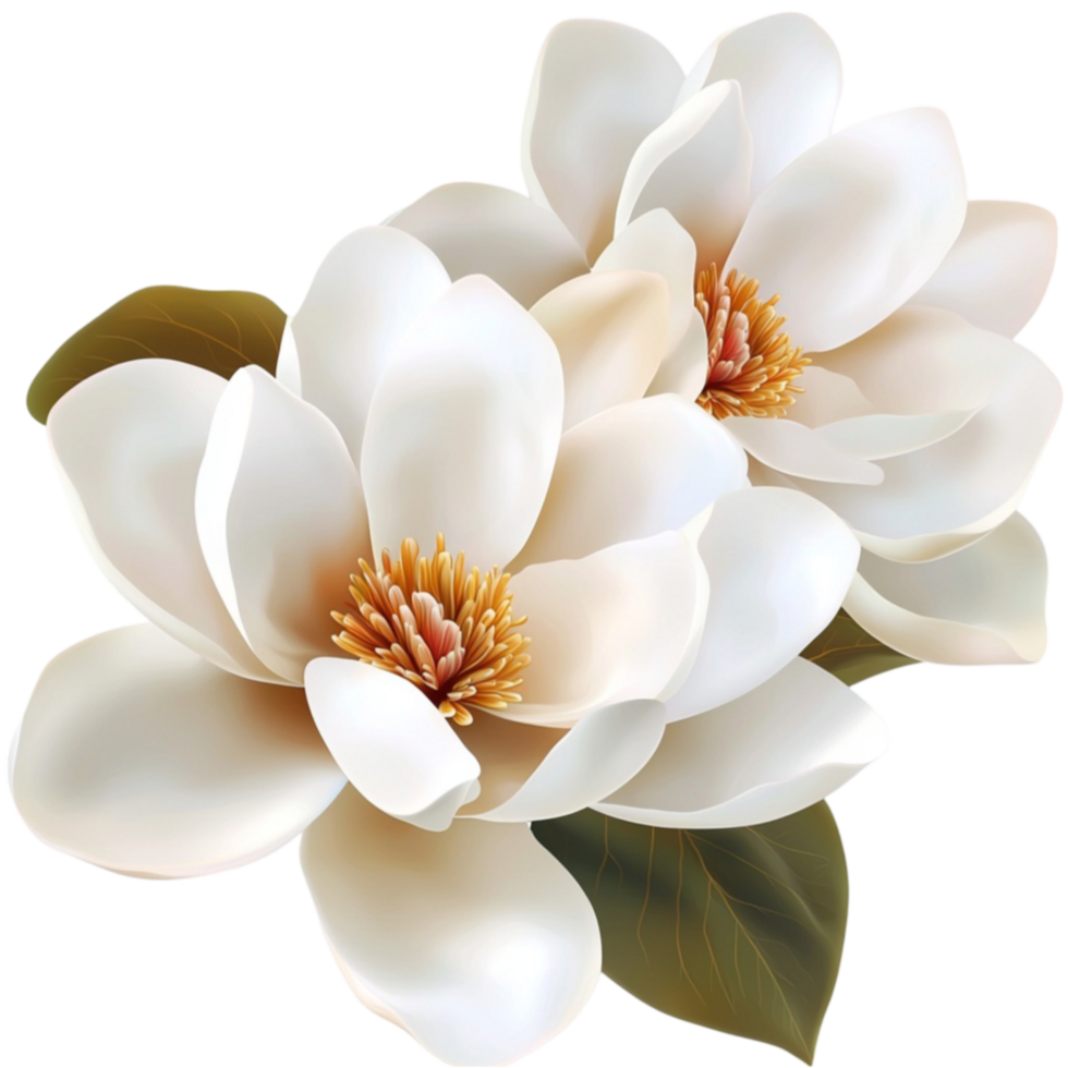 white magnolia flowers blooming with golden centers and green leaves png