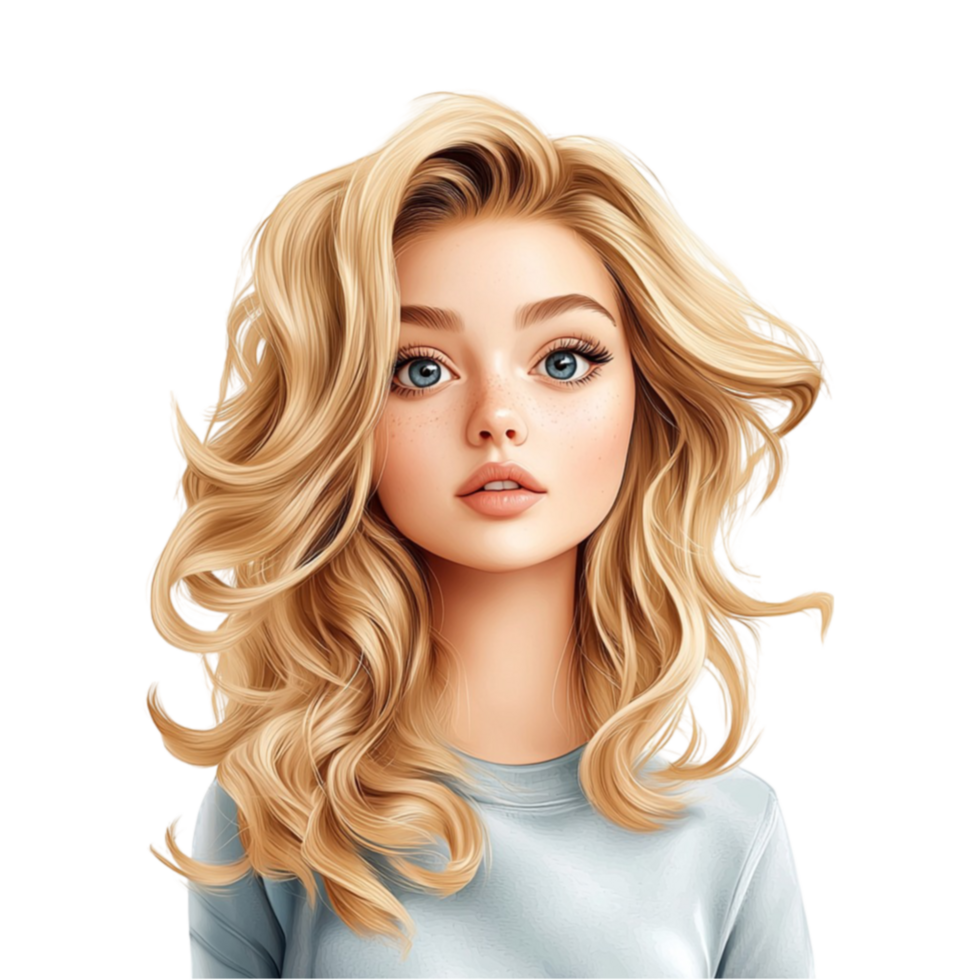 Young woman with golden wavy hair and blue eyes wearing a light blue outfit png