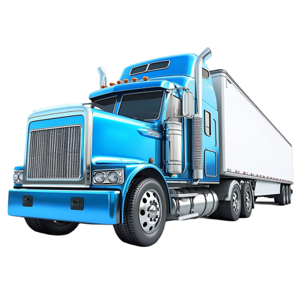 Large blue semitruck with a powerful front grille and an attached white trailer png
