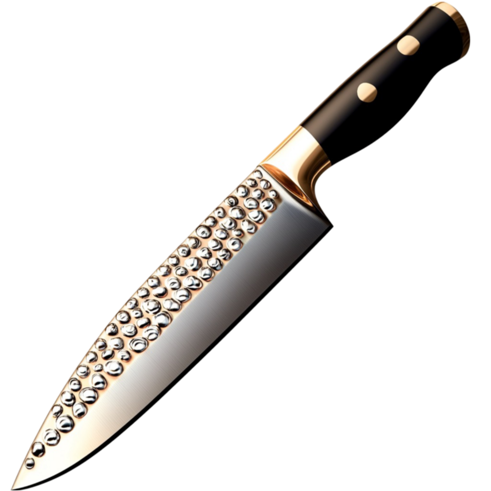 sharp chefs knife with a black handle and a textured metal blade png