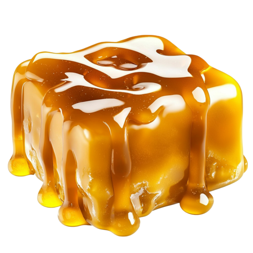 Melted caramel sauce dripping over a small cube of golden brown dessert png