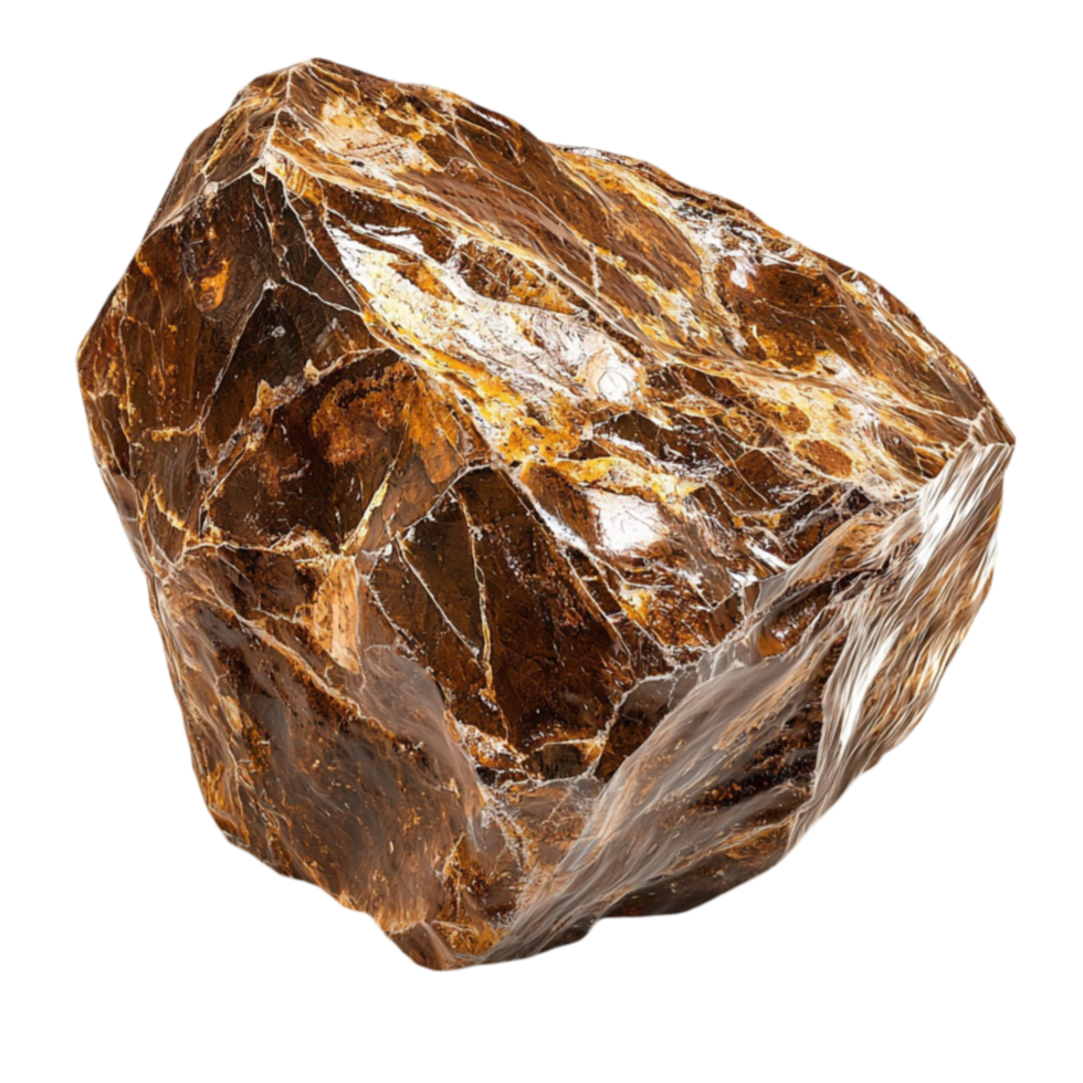 Shiny brown gemstone with a rough irregular shape and a reflective surface png