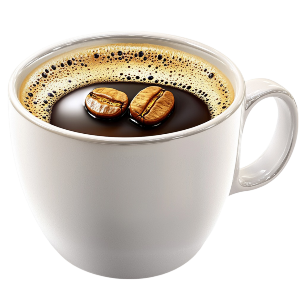 Steaming cup of black coffee served in a white ceramic mug with a surface png