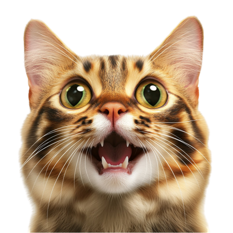 Excited tabby cat with wide open eyes and perked up ears looking playfully png