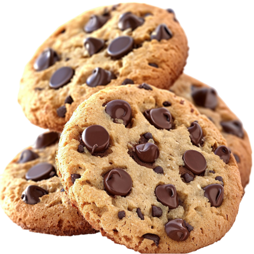 Crunchy chocolate chip cookies stacked together with gooey melted chocolate pieces png