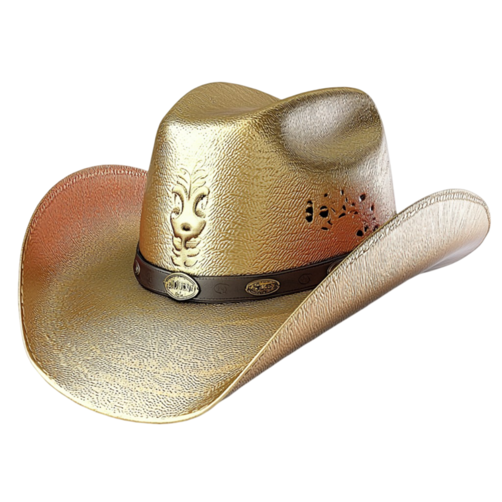 cowboy hat made of light brown with stitching and a curved brim png
