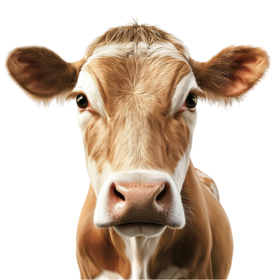 Gentle brown and white cow with large expressive eyes and perked up ears png