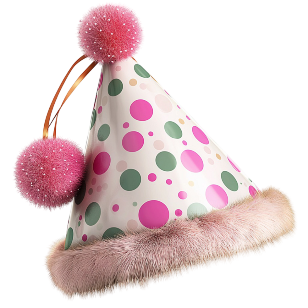 Colorful polkadotted party hat with fluffy pink pompoms and fur trim png
