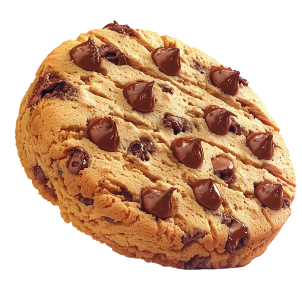Large chocolate chip cookie with golden edges and melted chocolate pieces png