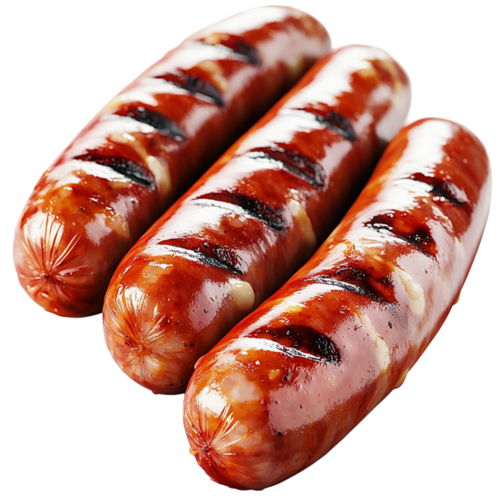 Juicy grilled sausages with rk grill marks and a shiny glazed surface png