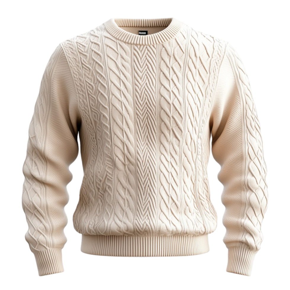 Cozy creamcolored cable knit sweater with a thick texture and a warm appearance png