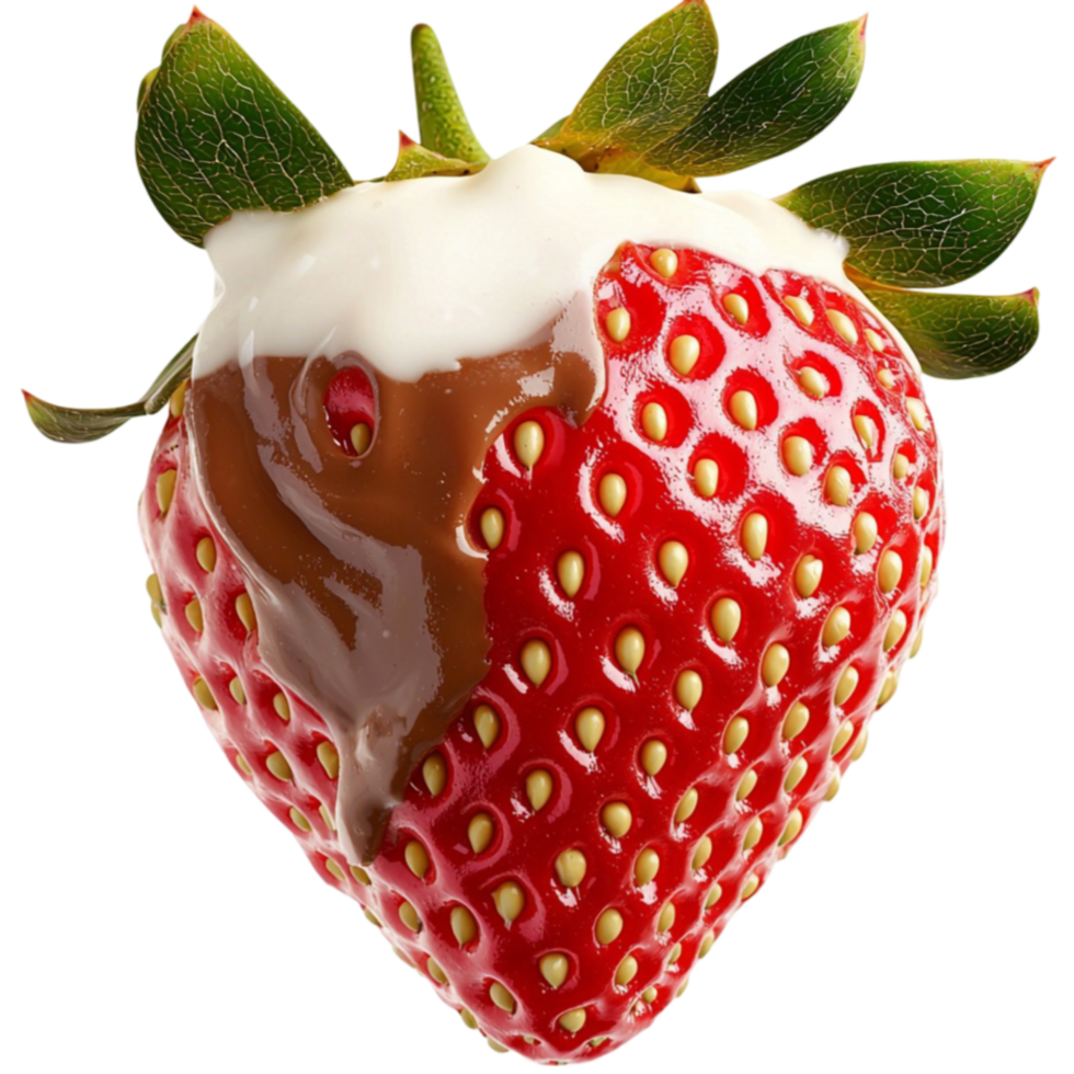 ripe strawberry covered in melted chocolate with a green leafy top png