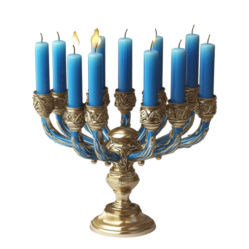 golden menorah with glowing blue candles and intricate detailing png
