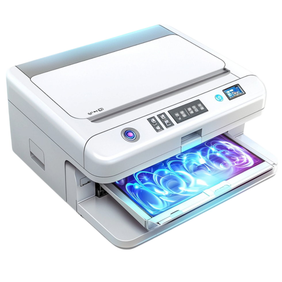 white printer with a glowing blue display and an open paper tray png