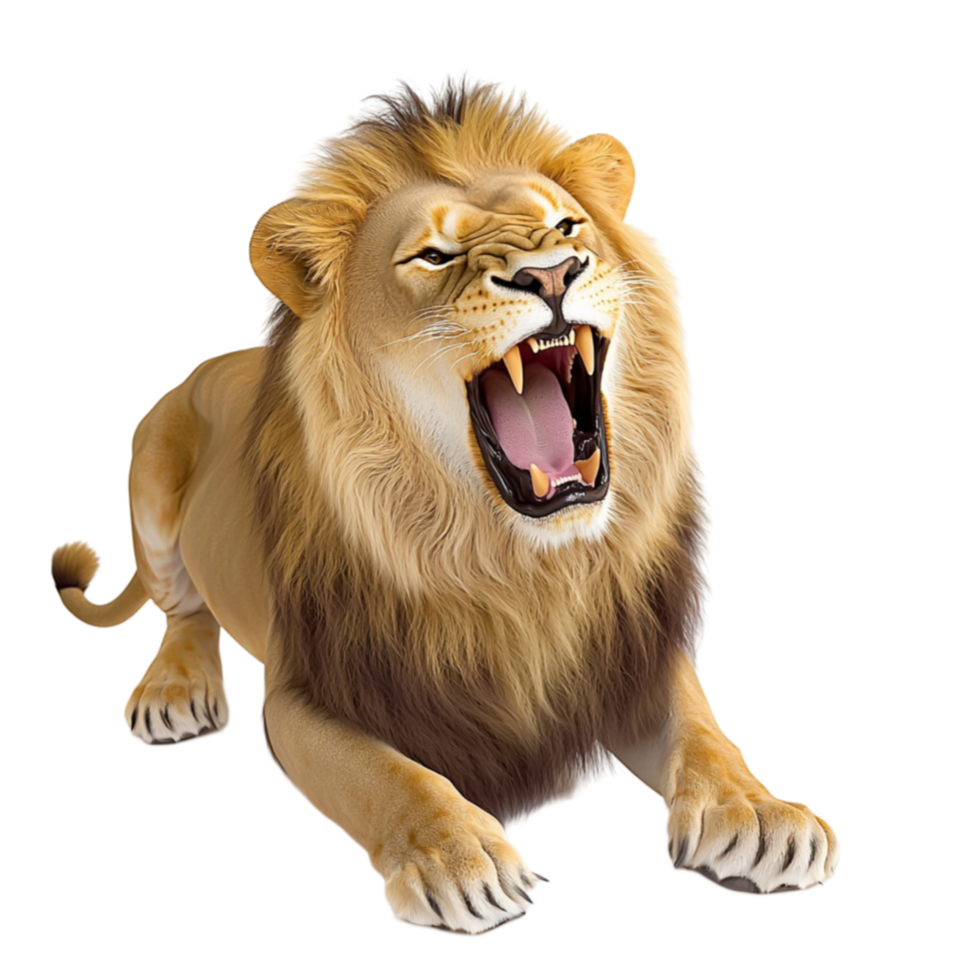 Fierce roaring lion with a golden mane and sharp powerful teeth png