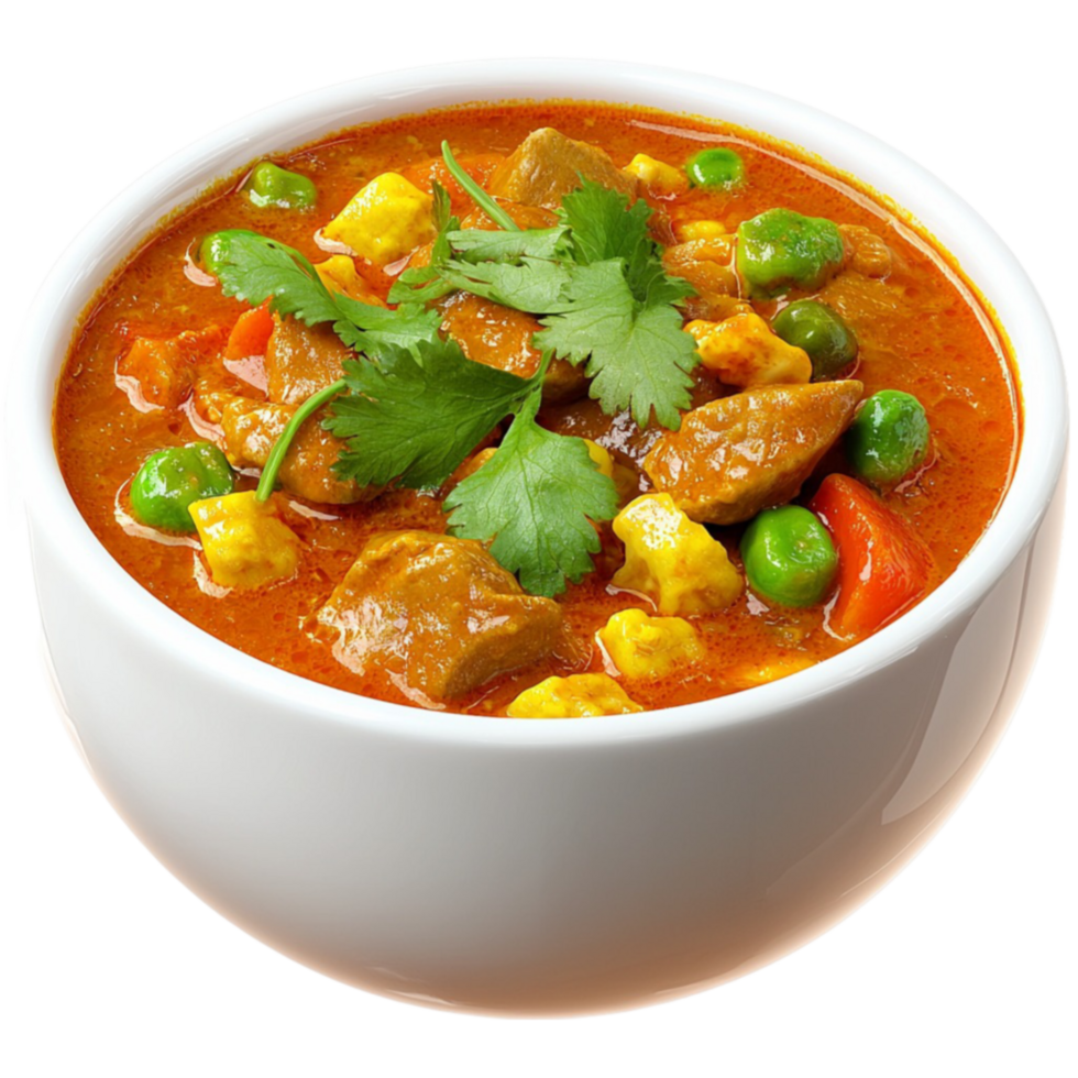 Bowl of and flavorful curry with tender meat peas and cilantro png