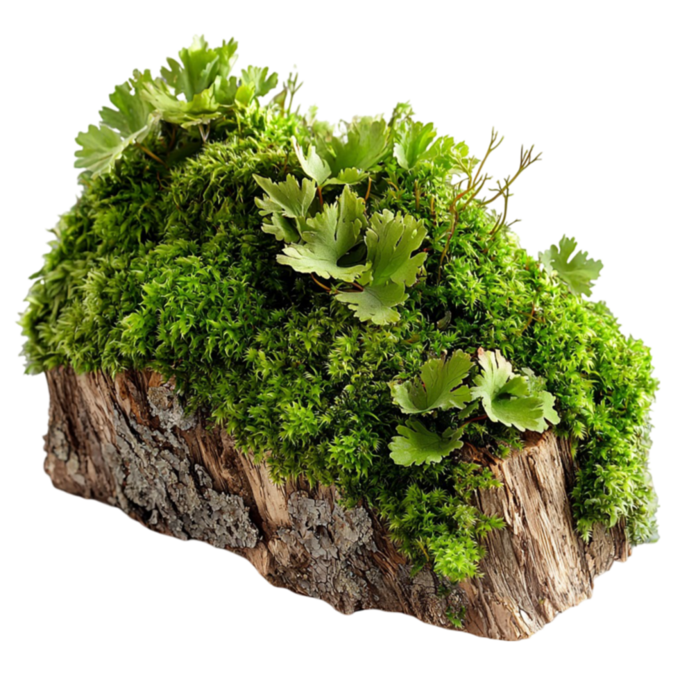 Beautiful patch of green moss growing on a textured piece of wood png