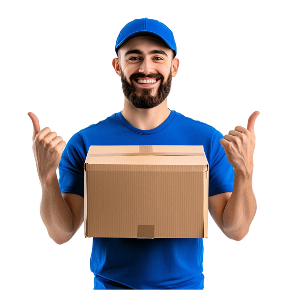 Friendly delivery man in a blue uniform holding a cardboard box and smiling png