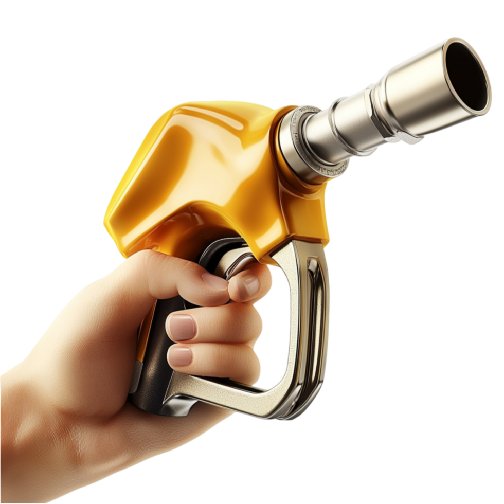 Hand gripping a yellow gasoline pump nozzle ready to refuel a vehicle png