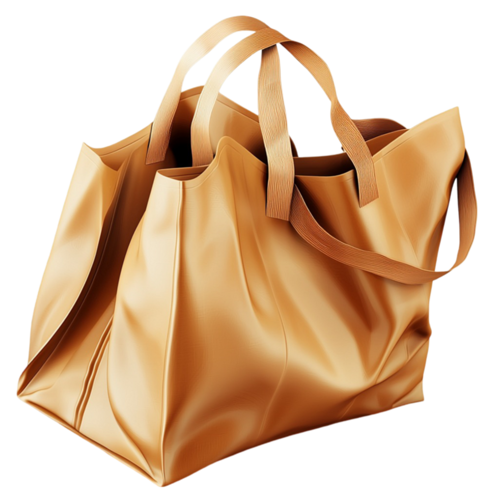 Folded brown paper shopping bag with handles and a slightly crumpled texture png