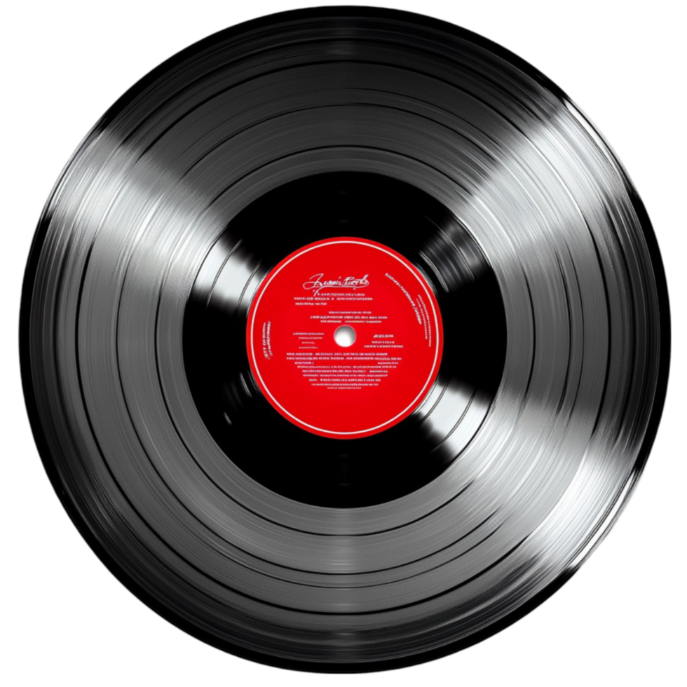 black vinyl record with a red label reflecting light on its surface png
