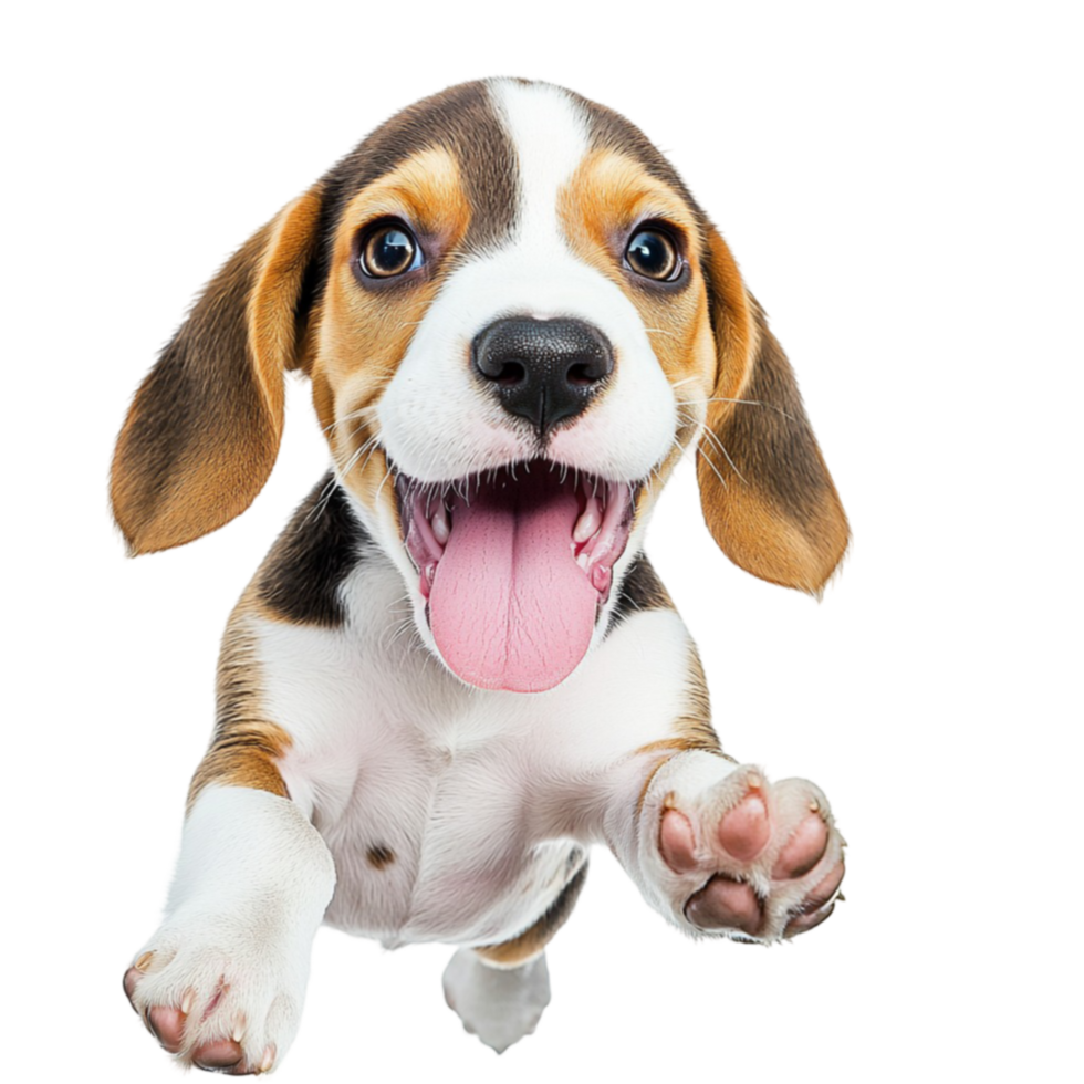Playful puppy with floppy ears and a happy expression jumping towards the camera png