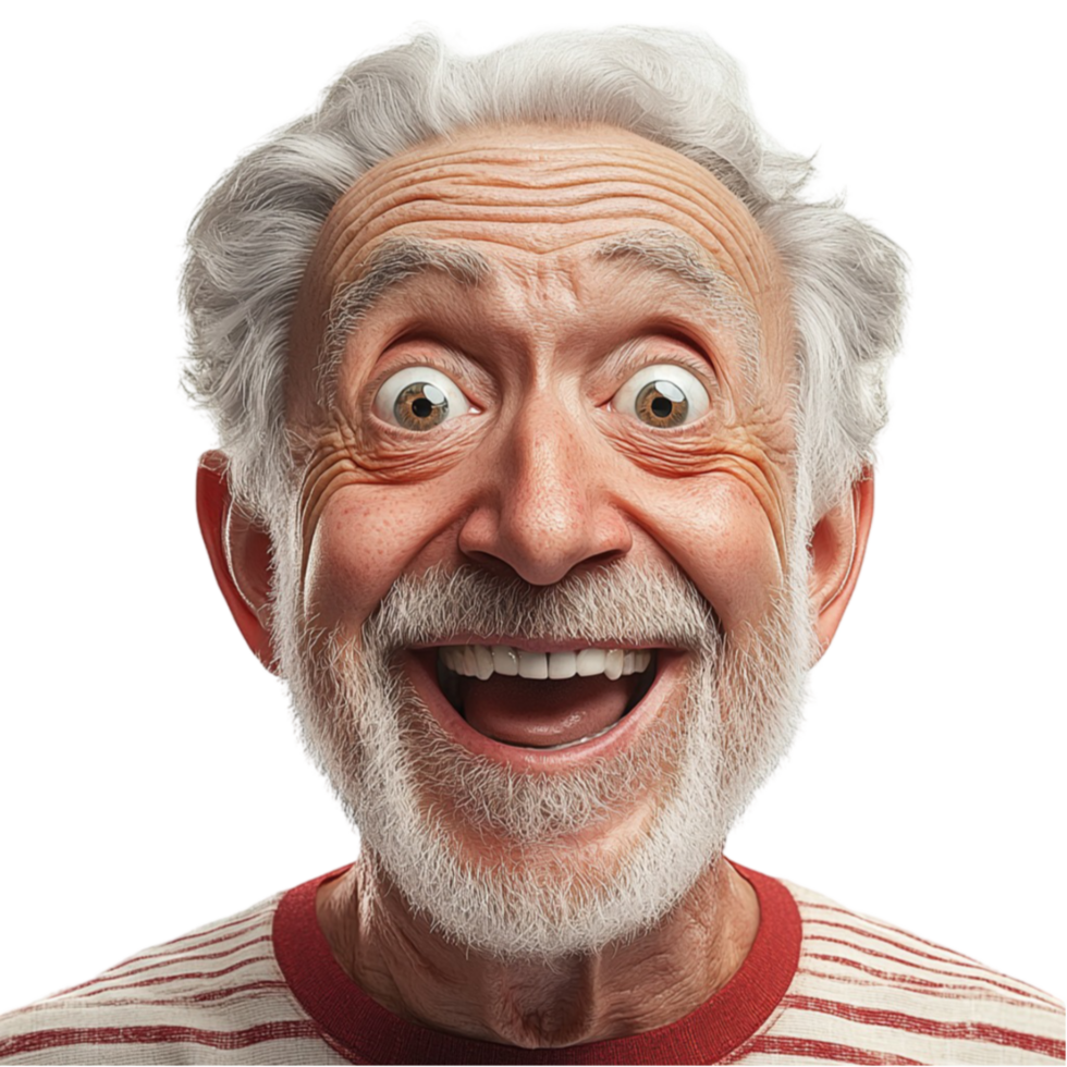 Elderly man with a joyful wideeyed expression and a big friendly smile png