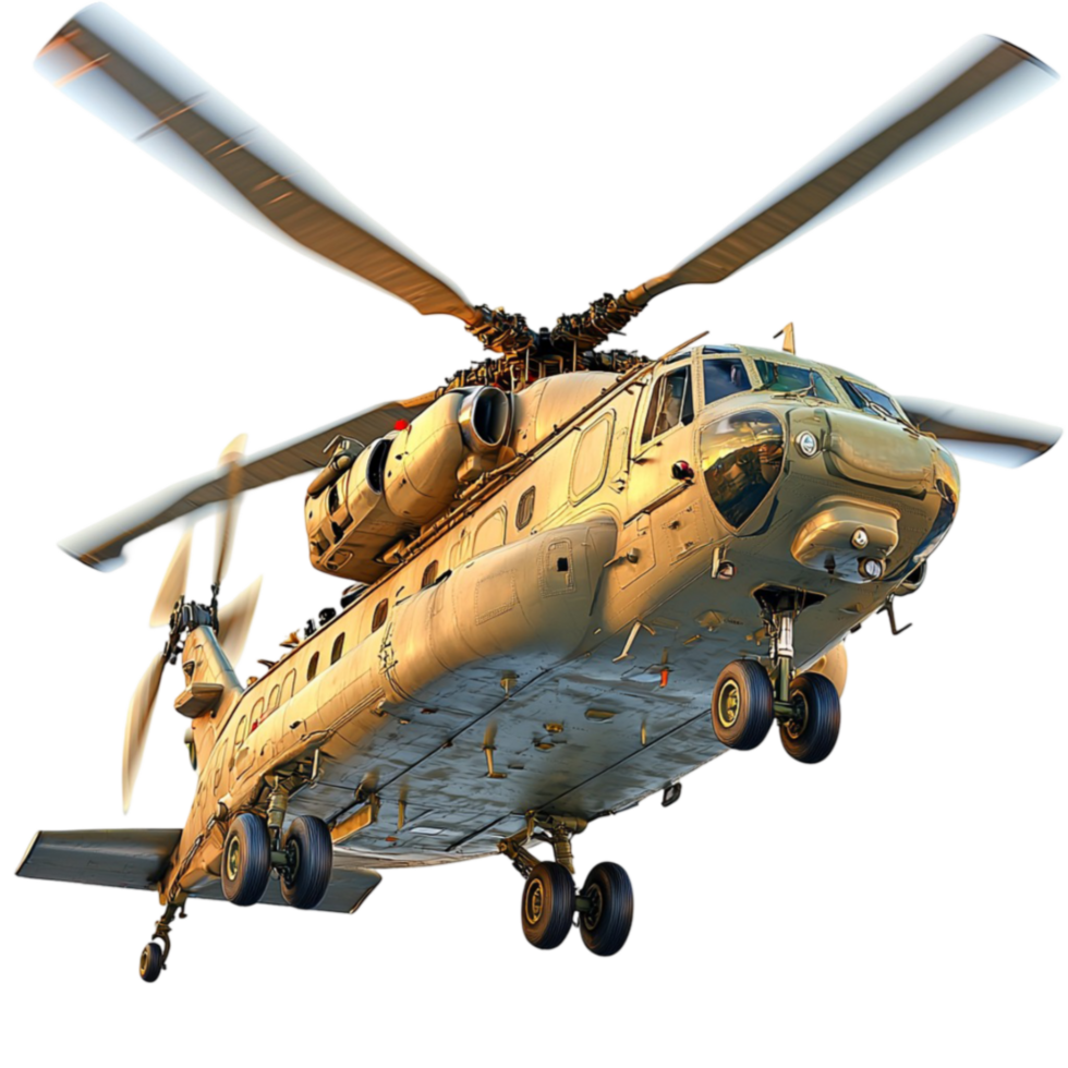 Powerful military helicopter with a rugged design hovering in the air with spinning rotors png