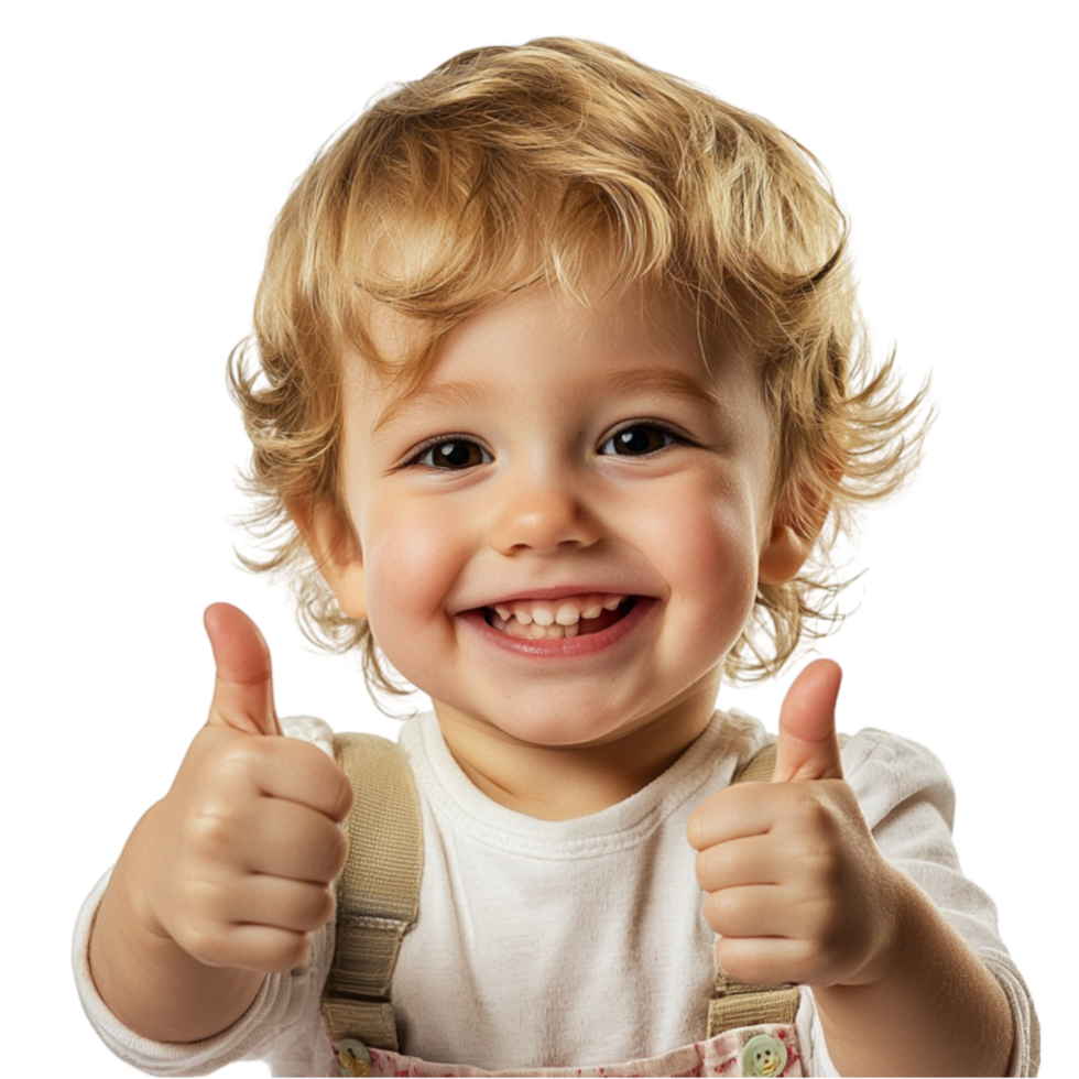 Smiling young child with curly blond hair giving two enthusiastic thumbs up png