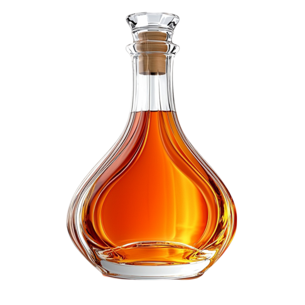 glass decanter filled with ambercolored and sealed with a round stopper png