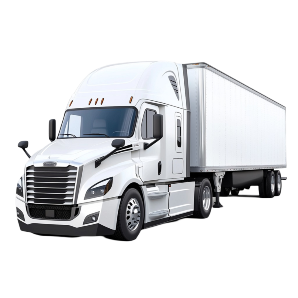 Large white semitruck with a sleek design and a spacious cargo trailer png