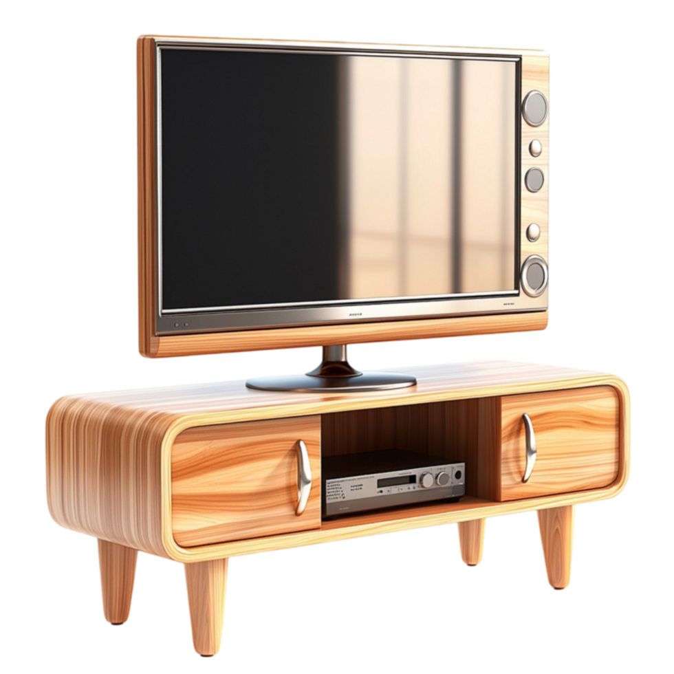 Retro wooden television stand with a flatscreen TV and a builtin media player png