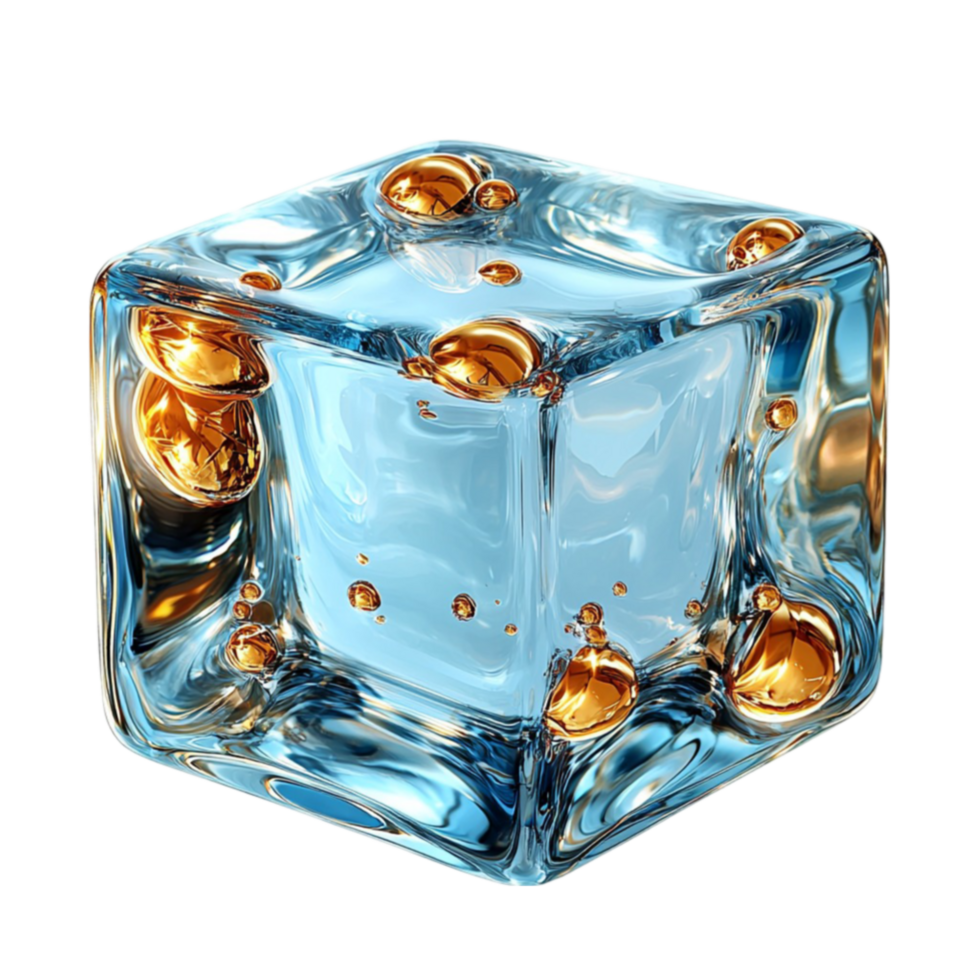 ice cube with intricate golden bubbles frozen inside its crystalclear surface png
