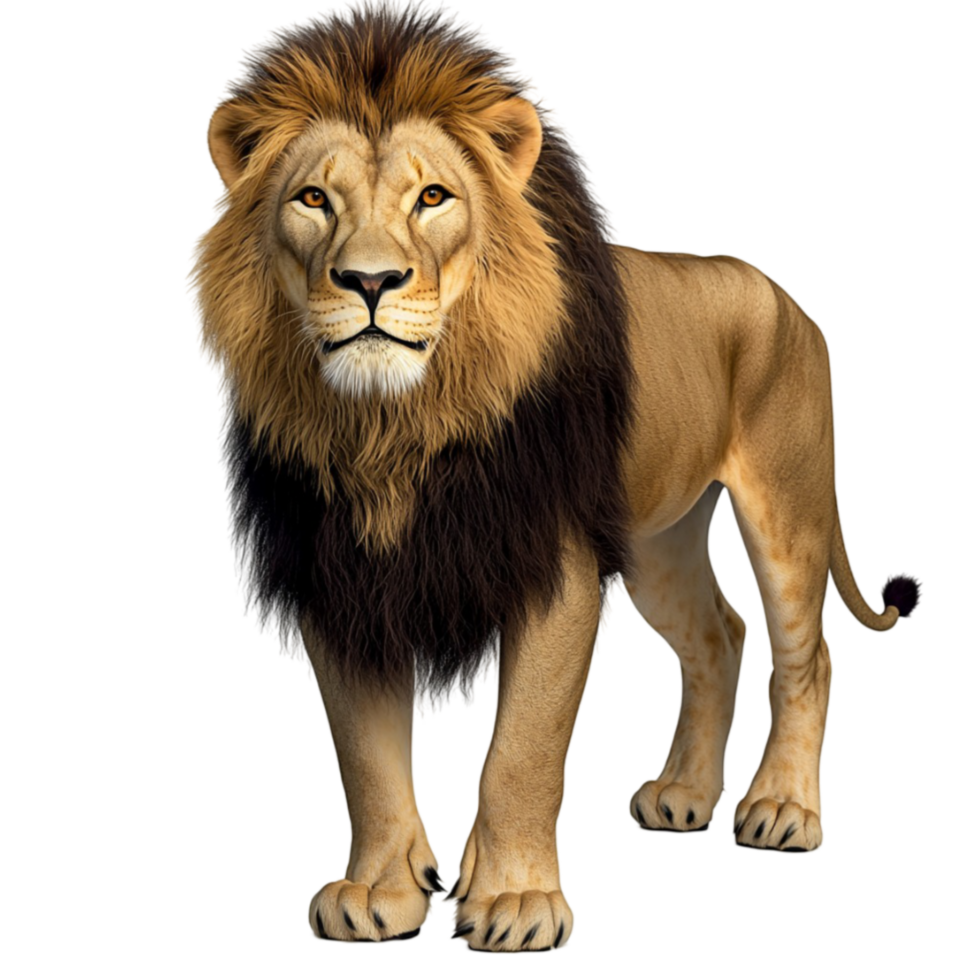 Majestic lion with a thick rk mane standing tall and gazing into the distance png