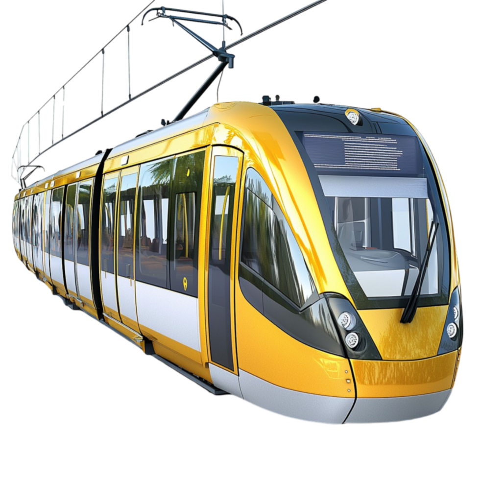yellow tram with large windows and sleek curves moving along electric tracks png