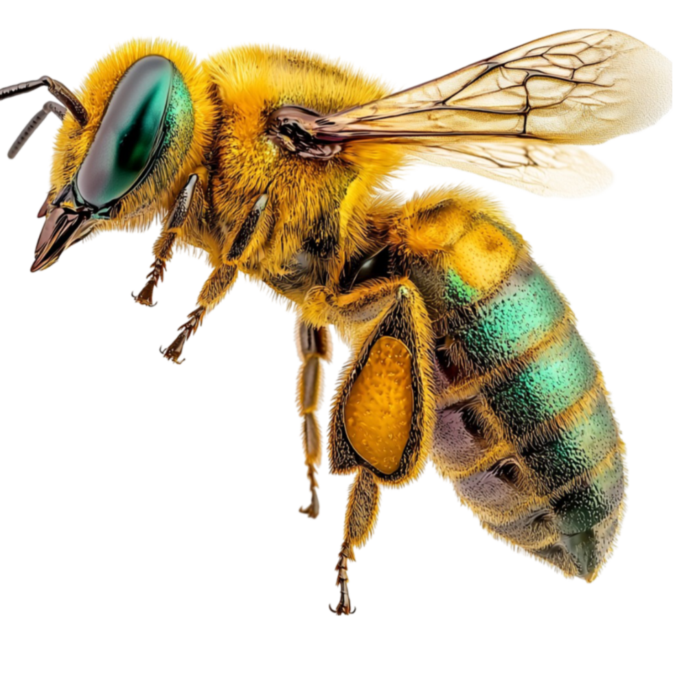 Honeybee with golden fuzzy body and iridescent bluegreen stripes collecting pollen png