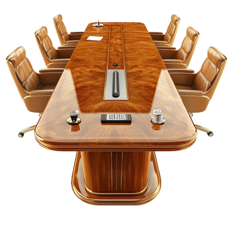 Luxurious conference table with a polished wooden surface and matching chairs png