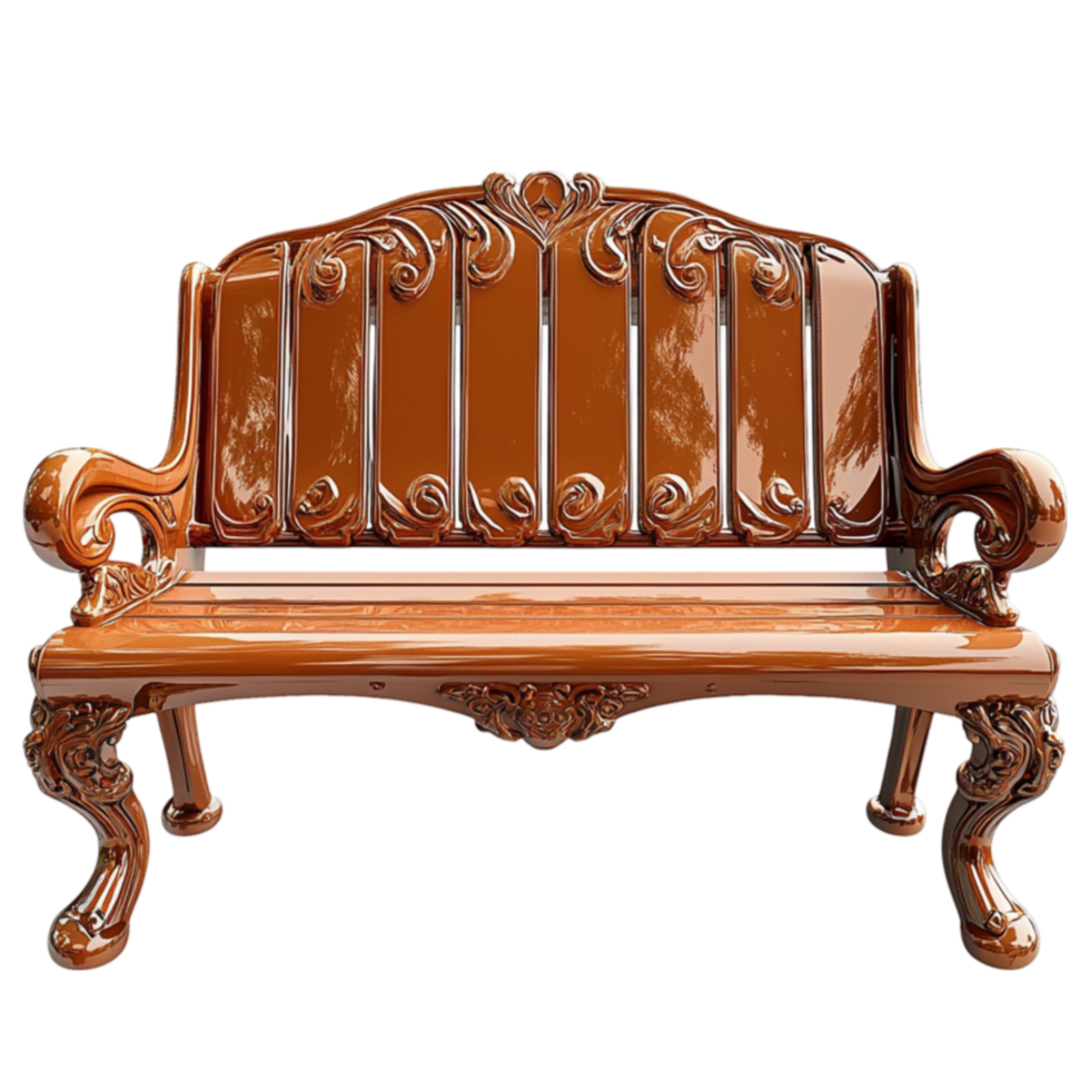 Ornate wooden bench with a curved backrest and intricate carvings on its frame png