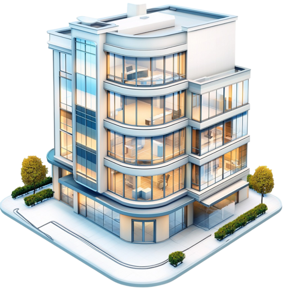 Contemporary multistory glass building with balconies and a architectural design png