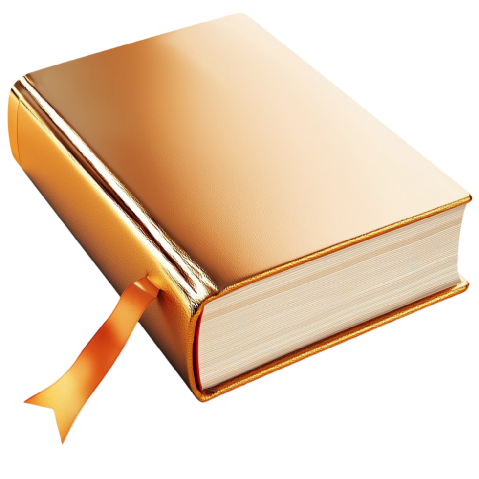 Thick hardcover book with golden pages and a neatly tied ribbon bookmark hanging from it png
