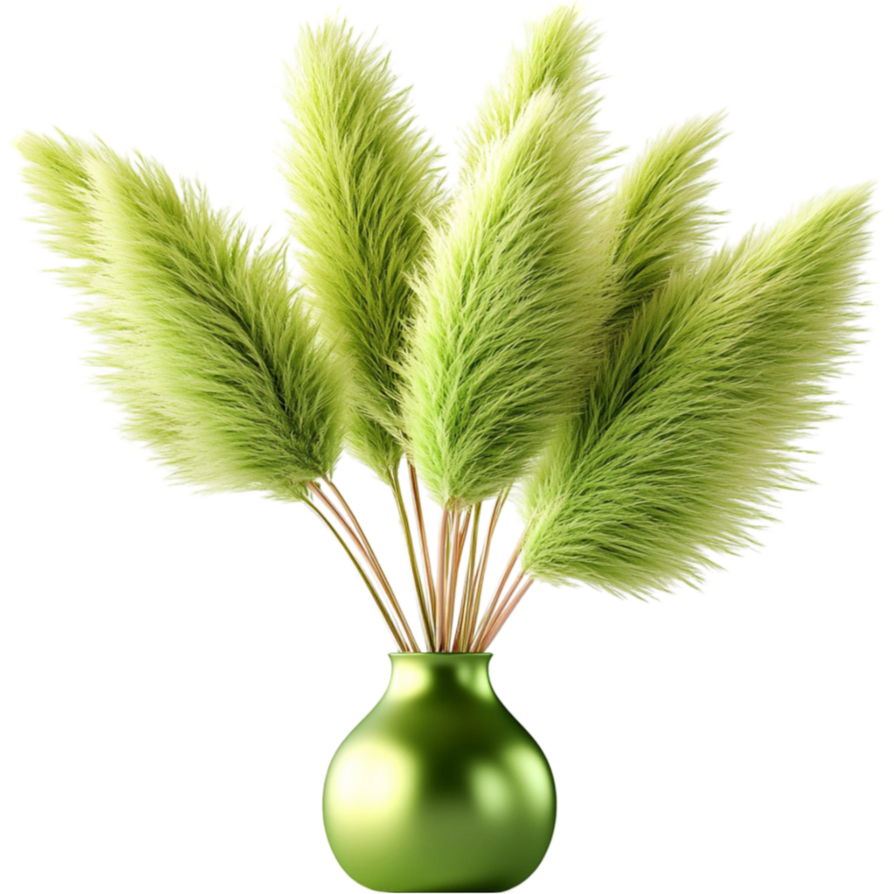 Tall green pampas grass with fluffy feathery tops arranged in a round vase png