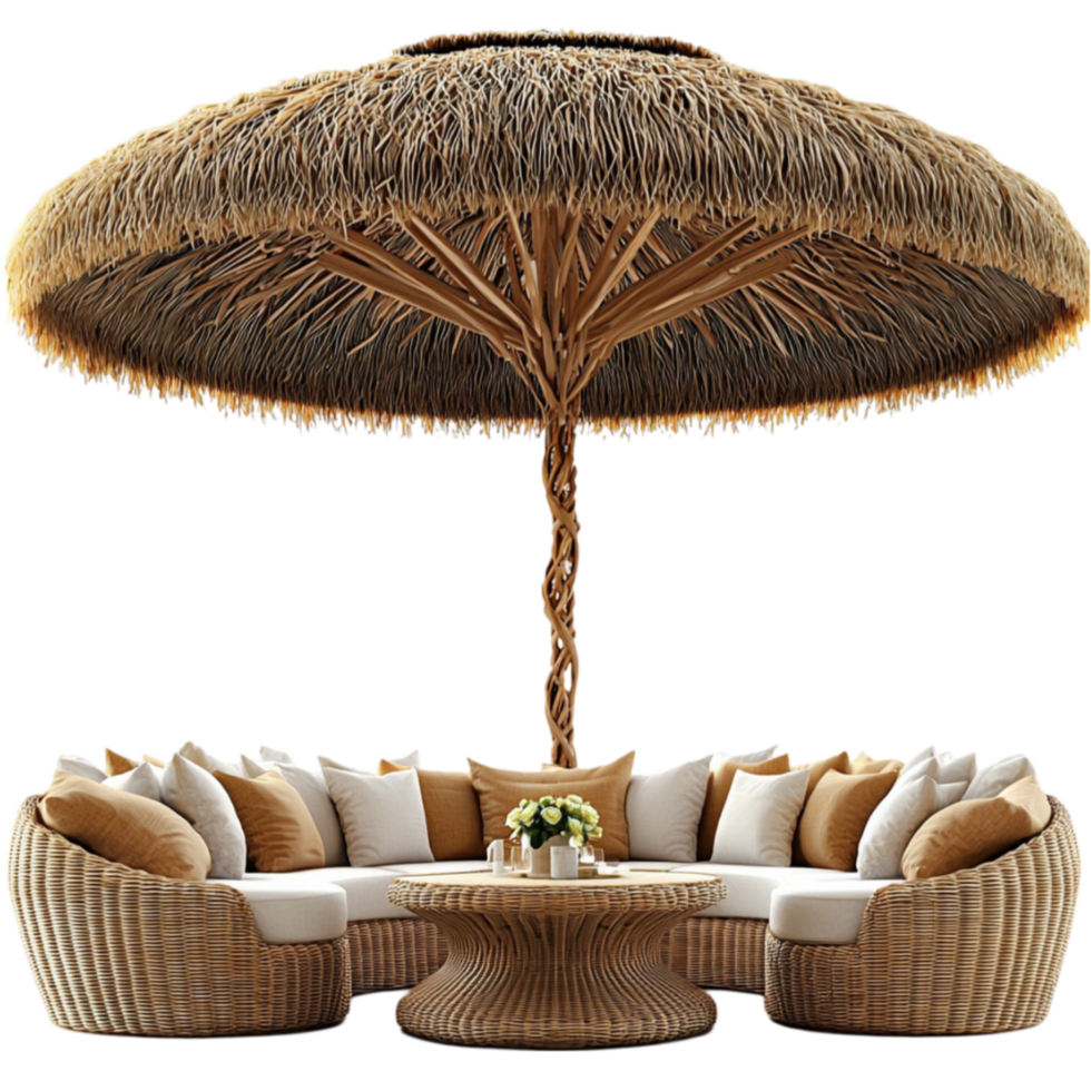 Large round straw umbrella shading a cozy outdoor seating area with cushions png